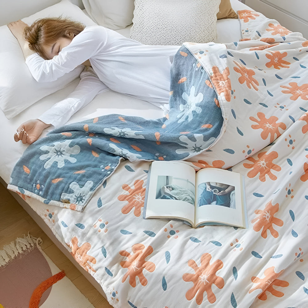 Lightweight Cotton Reversible Blanket with Colorful Abstract Design