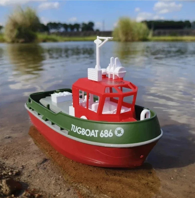 RC Tugboat with Dual Motors and Extended Range Control for Water Fun
