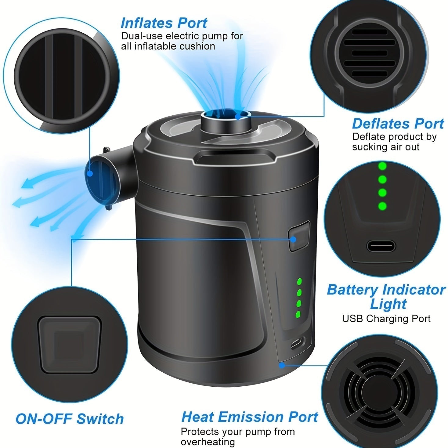 Compact Cordless Electric Air Pump with USB Rechargeable Battery for Quick Inflation