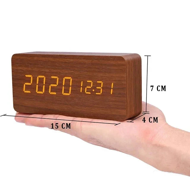 Voice-Activated Wooden LED Alarm Clock for Stylish Mornings