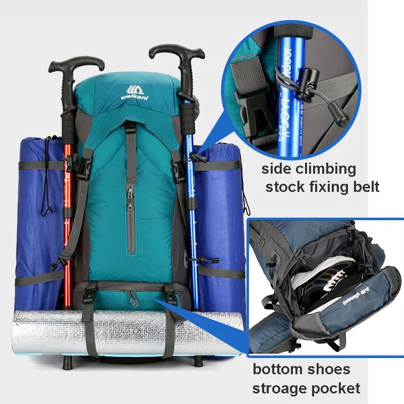 70L Waterproof Hiking Backpack with Rain Cover for Outdoor Travel