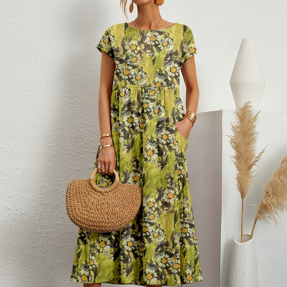 Women's Short-Sleeve A-Line Midi Dress | Linen-Cotton Blend & Pockets | Breathable Comfort