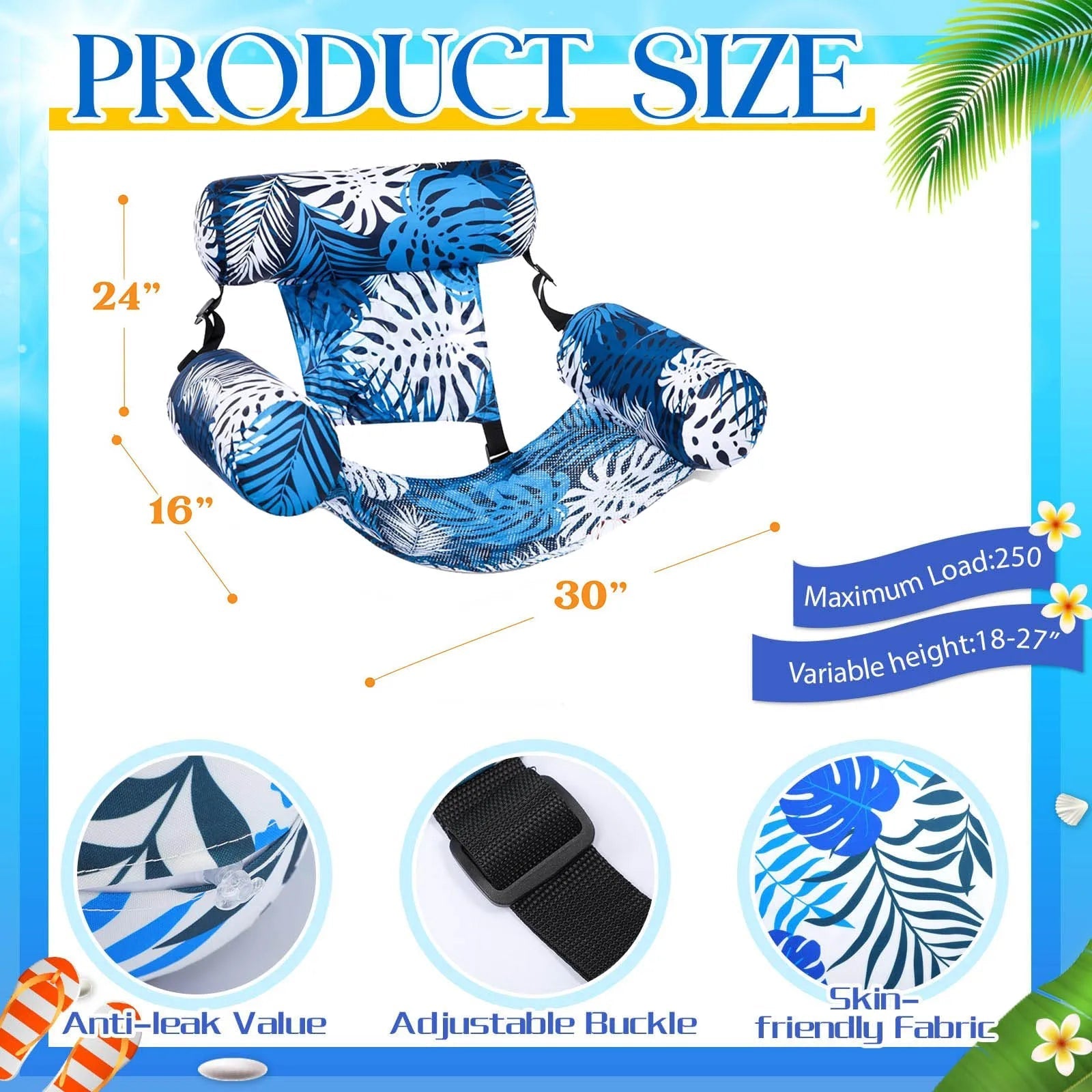 Tropical Inflatable Lounge Chair with Adjustable Backrest for Pool Relaxation