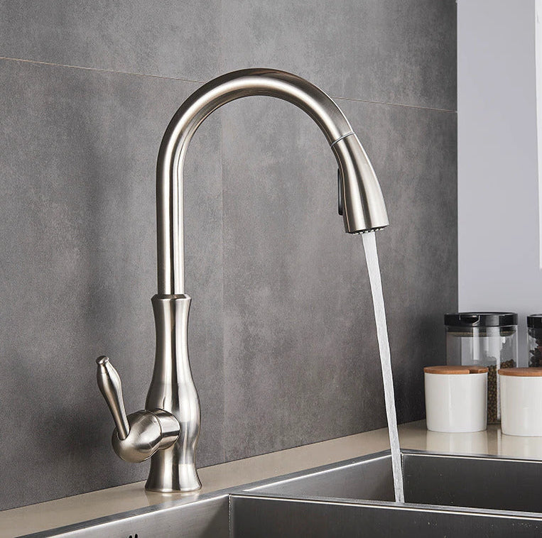 Pull-Out Spout Kitchen Faucet in Brass with Brushed Nickel, Black, Gold & Chrome Finishes