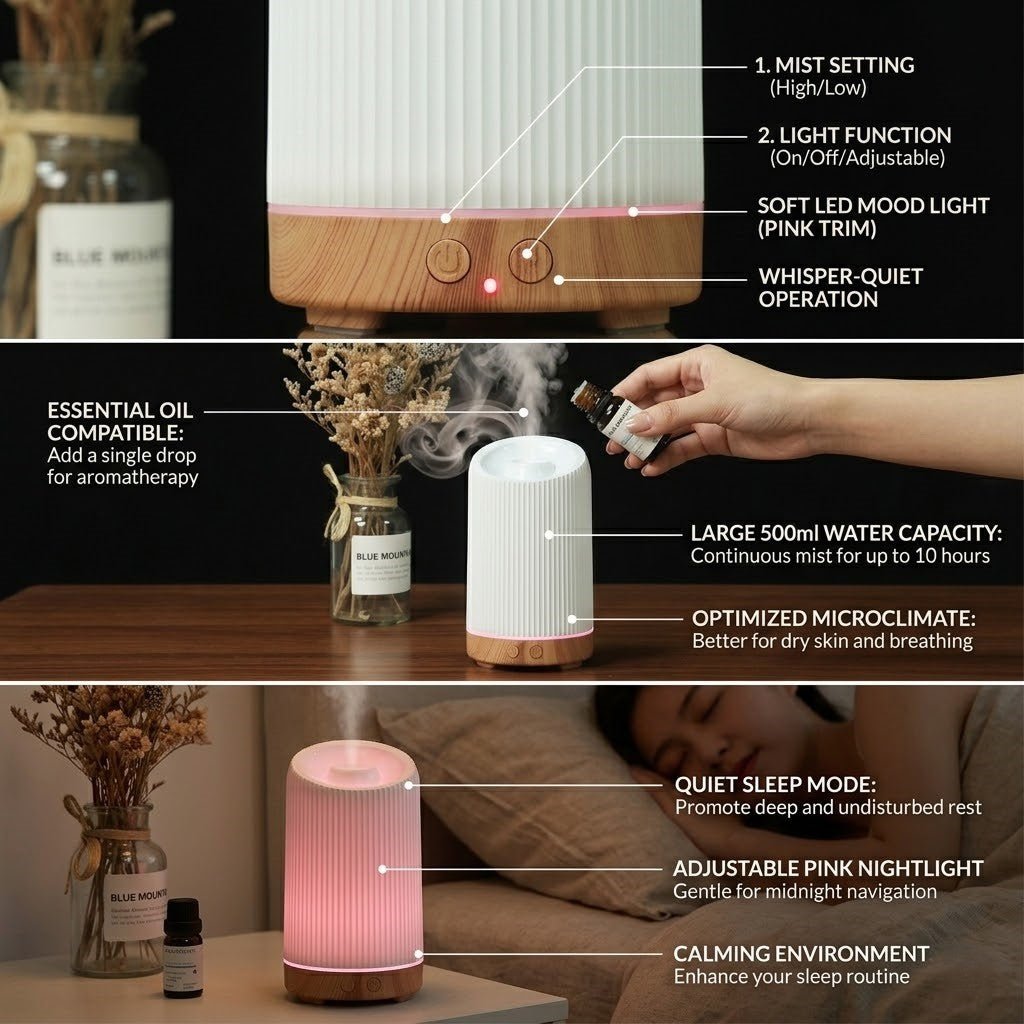 Ultrasonic Humidifier and Aroma Diffuser – 100ml with Remote Control