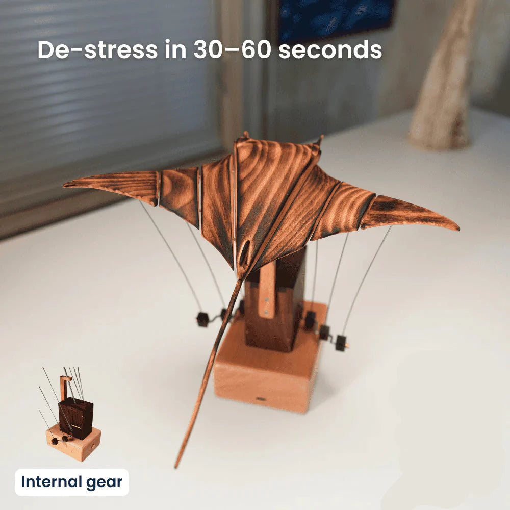 Hand-Cranked Kinetic Sculpture of Wooden Manta Ray for Desk Decor