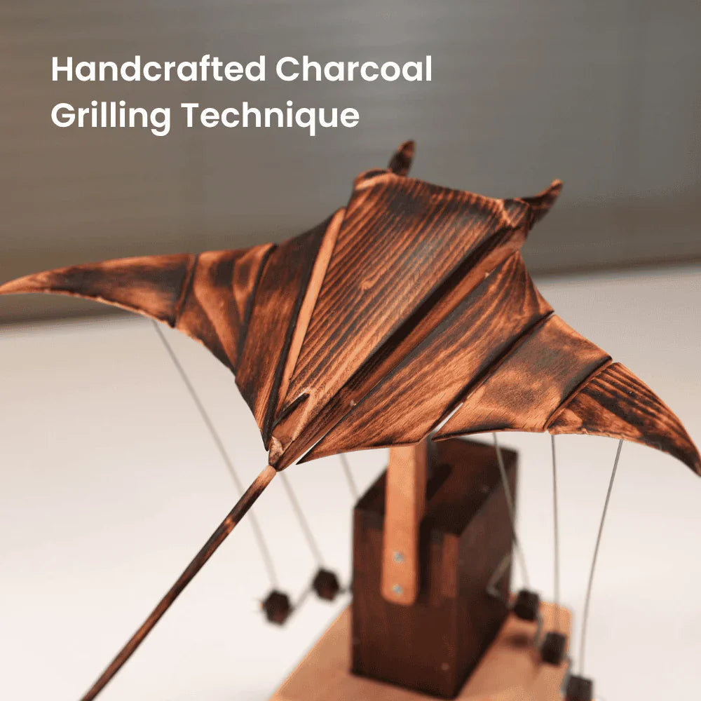 Hand-Cranked Kinetic Sculpture of Wooden Manta Ray for Desk Decor