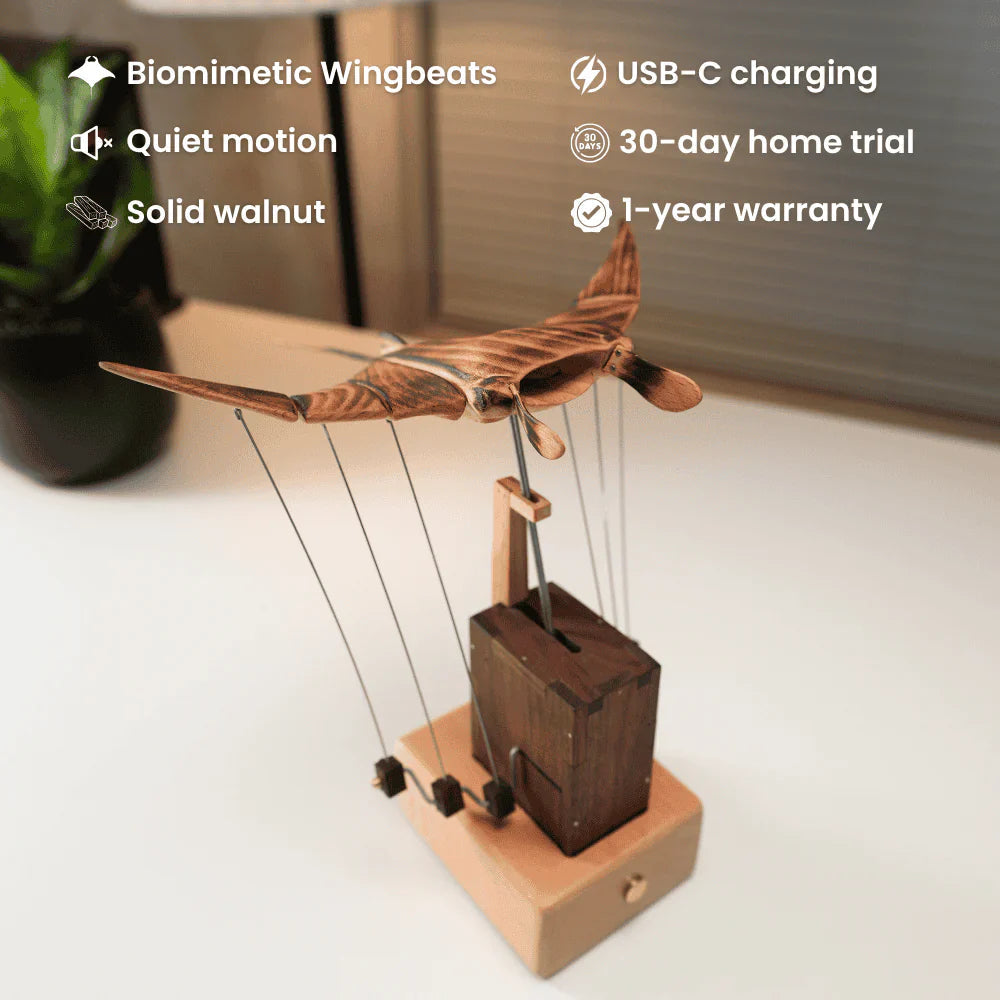 Hand-Cranked Kinetic Sculpture of Wooden Manta Ray for Desk Decor