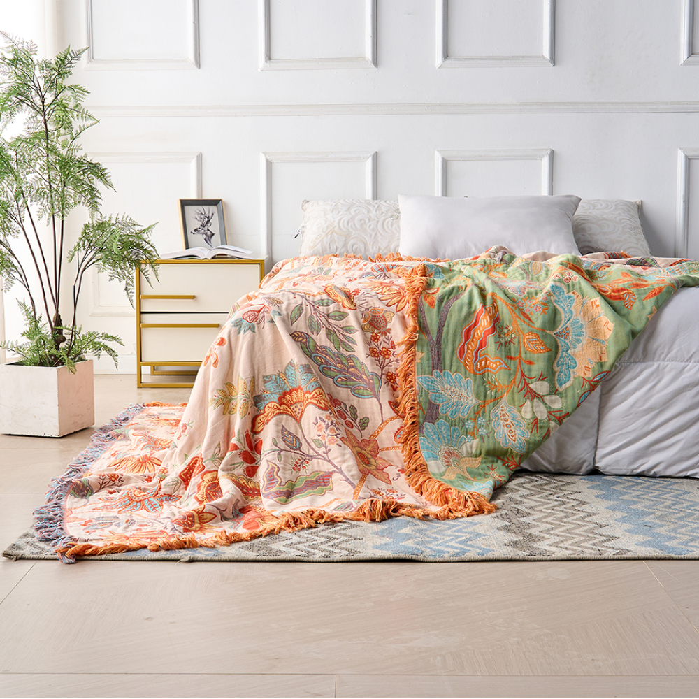 Floral Cotton Throw Blanket with Fringe – Bohemian Home Décor Layer