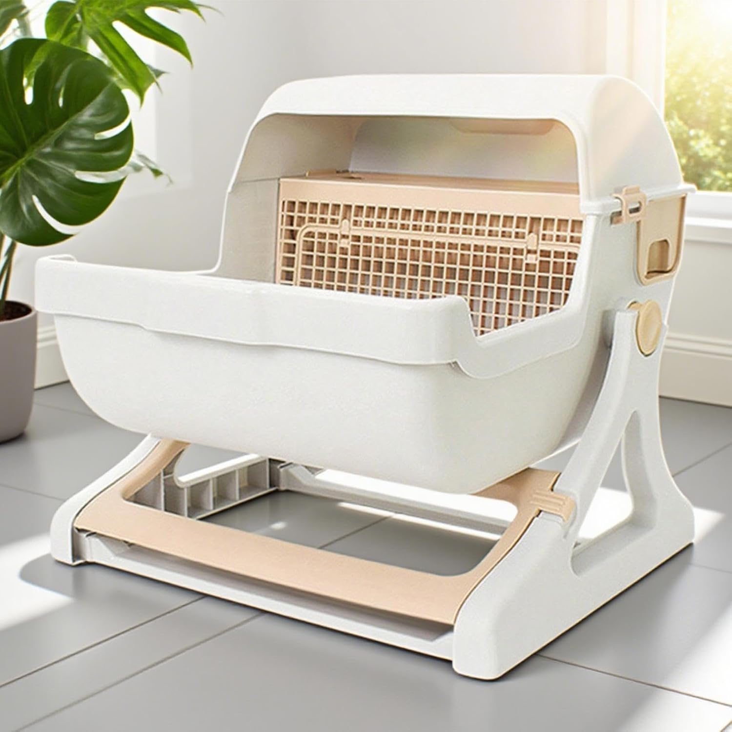 Self-Cleaning Cat Litter Box with Tilt Tray | Odor Management | Open Design | 50x50x46cm | Beige and Grey
