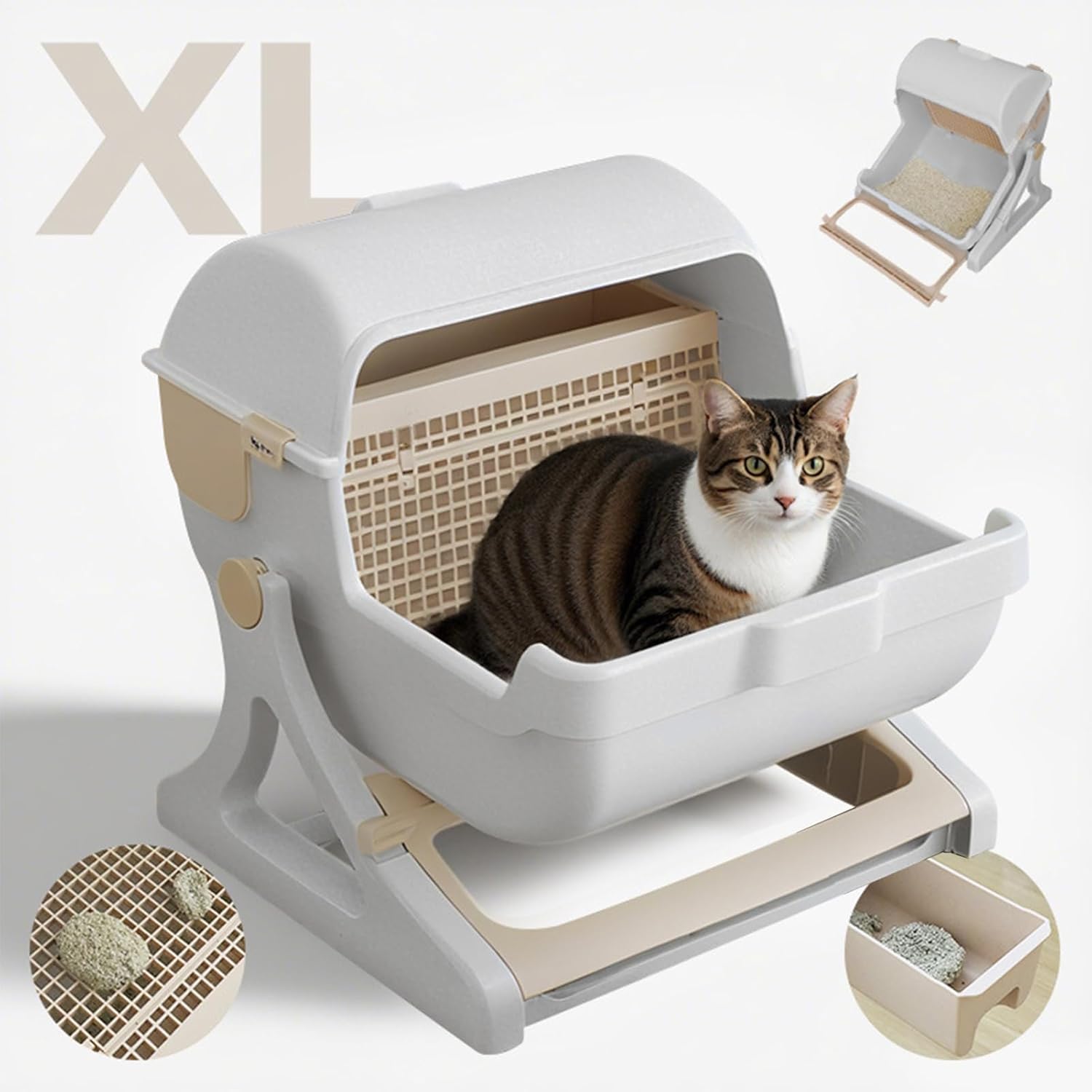 Self-Cleaning Cat Litter Box with Tilt Tray | Odor Management | Open Design | 50x50x46cm | Beige and Grey