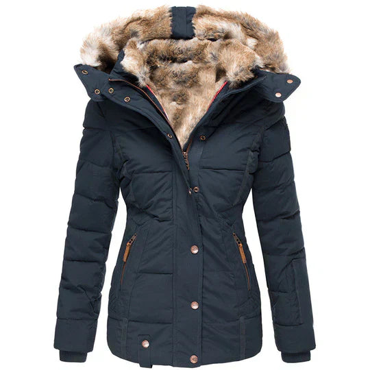Women's Winter Jacket | Insulating Padded Lining & Faux Fur Hood | Button & Zipper Closure | Warmth and Wind Protection