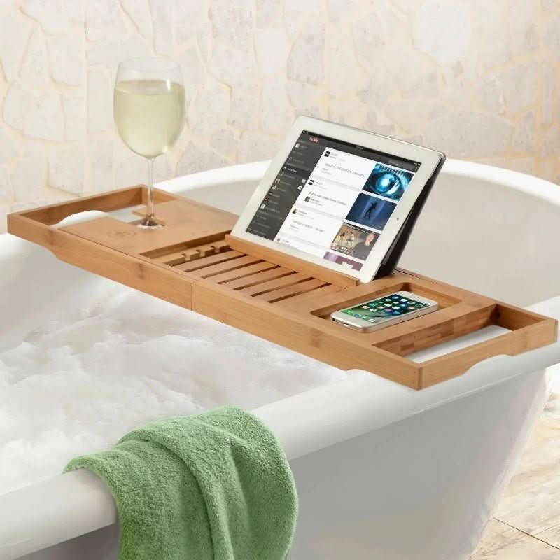 SerenitySpa Bamboo Bathtub Caddy with Adjustable Holders