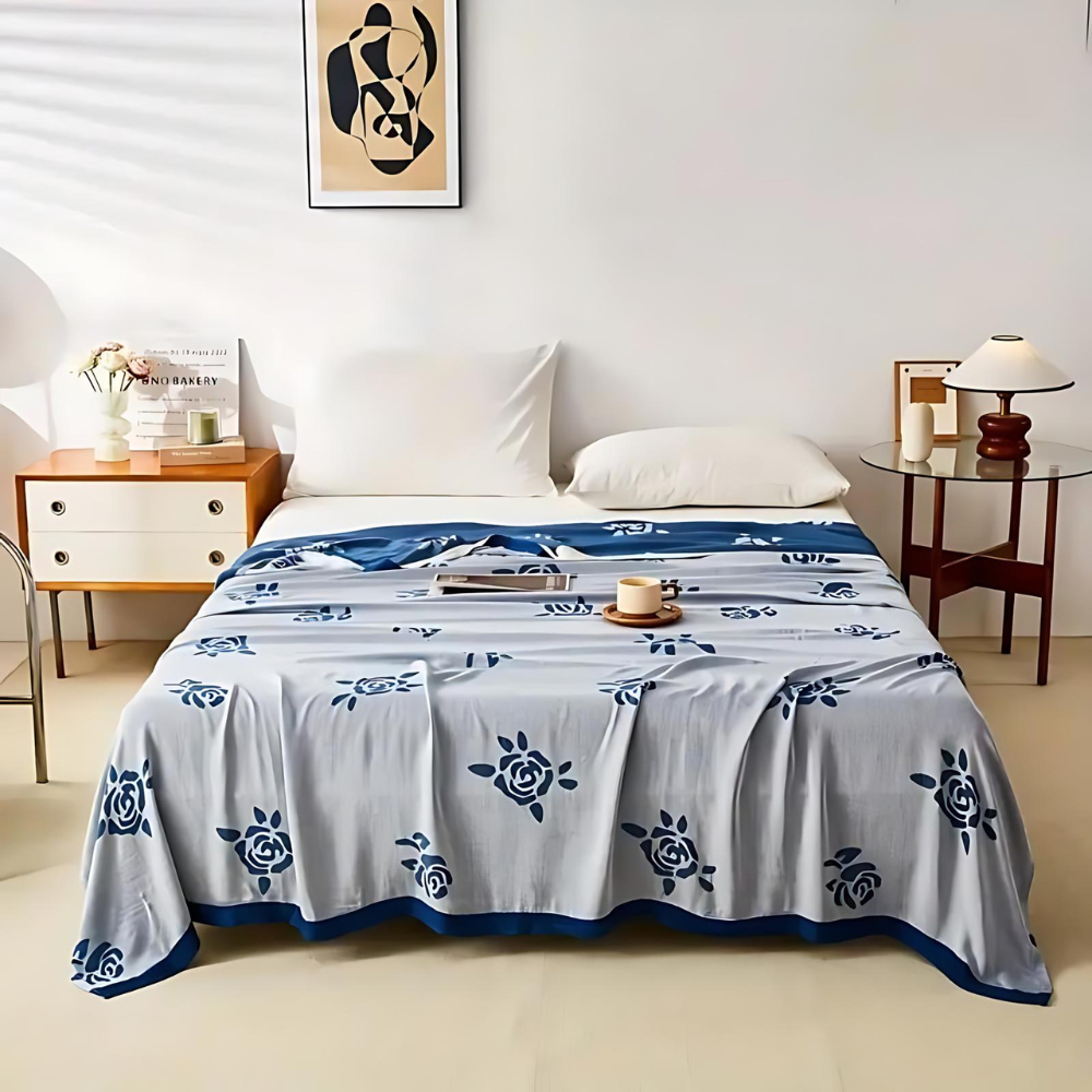 Rose Floral Design Bamboo Fiber Cooling Blanket for Summer Use
