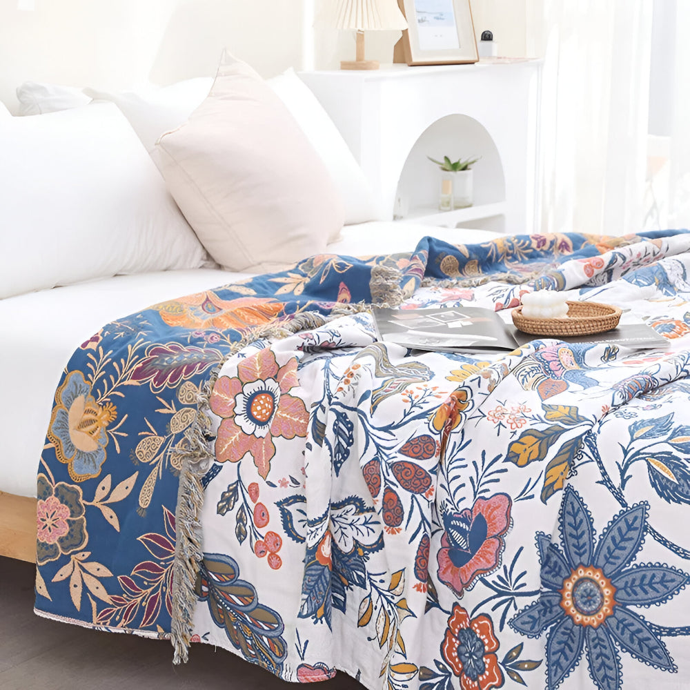 Chic Reversible Floral Throw Blanket with Decorative Tassels