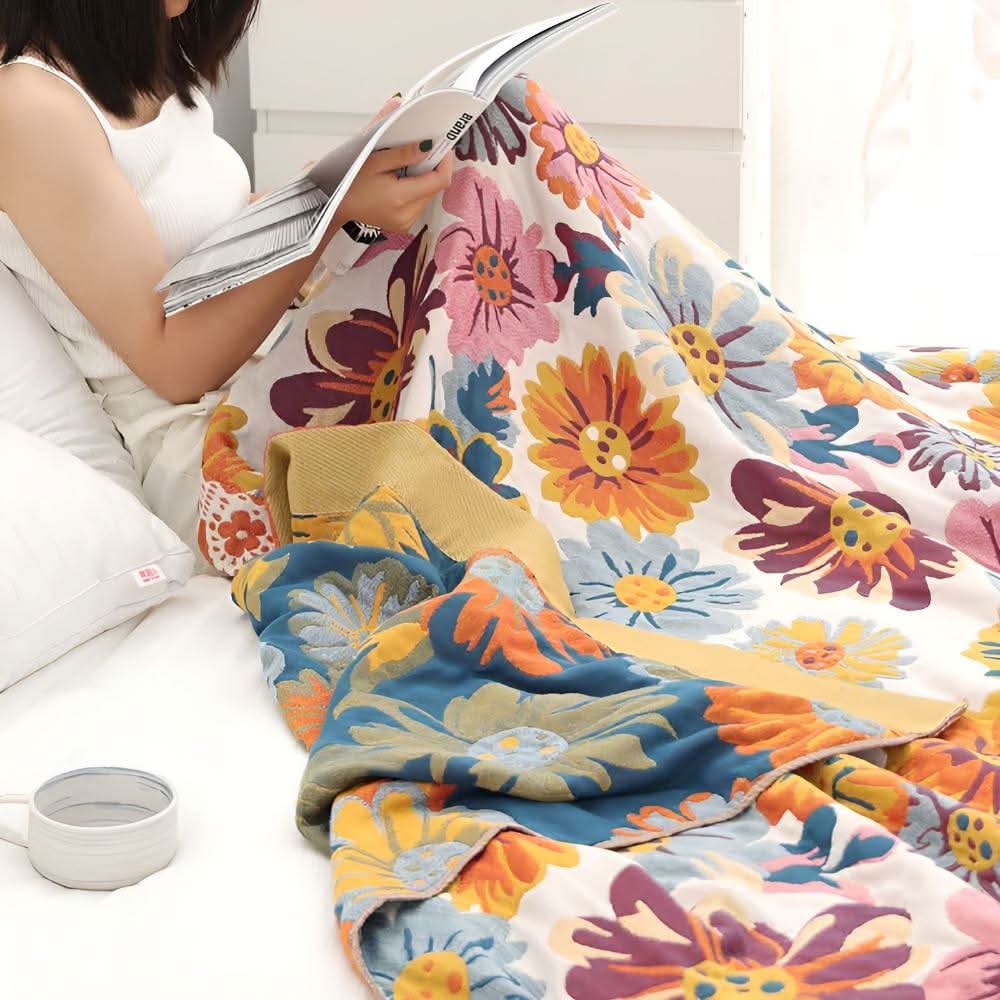 Organic Cotton Reversible Floral Throw Blanket – Year-Round Cozy Comfort