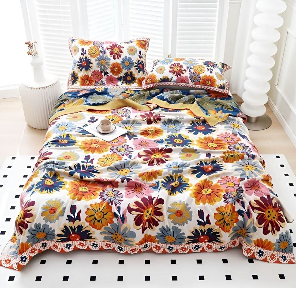 Organic Cotton Reversible Floral Throw Blanket – Year-Round Cozy Comfort