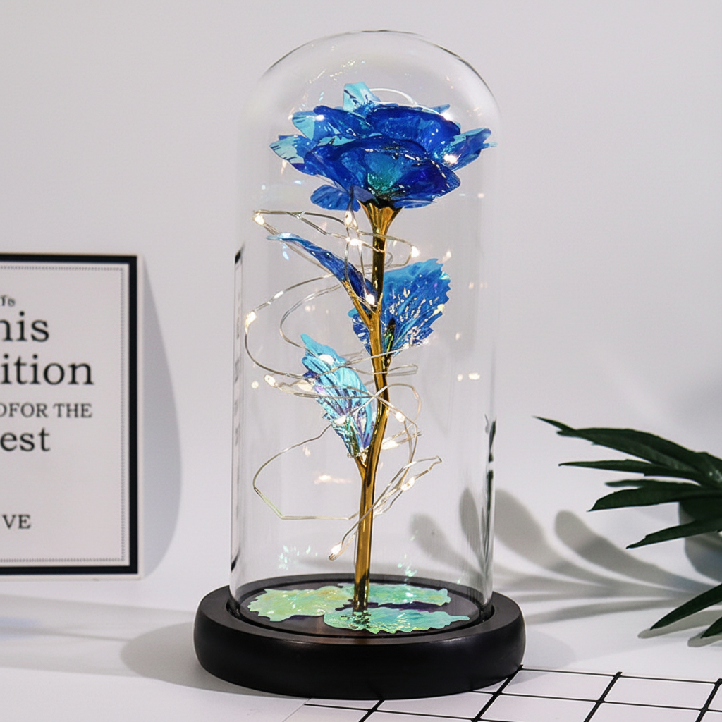 Elegant Rose Display Under Glass Dome with Soft LED Lights