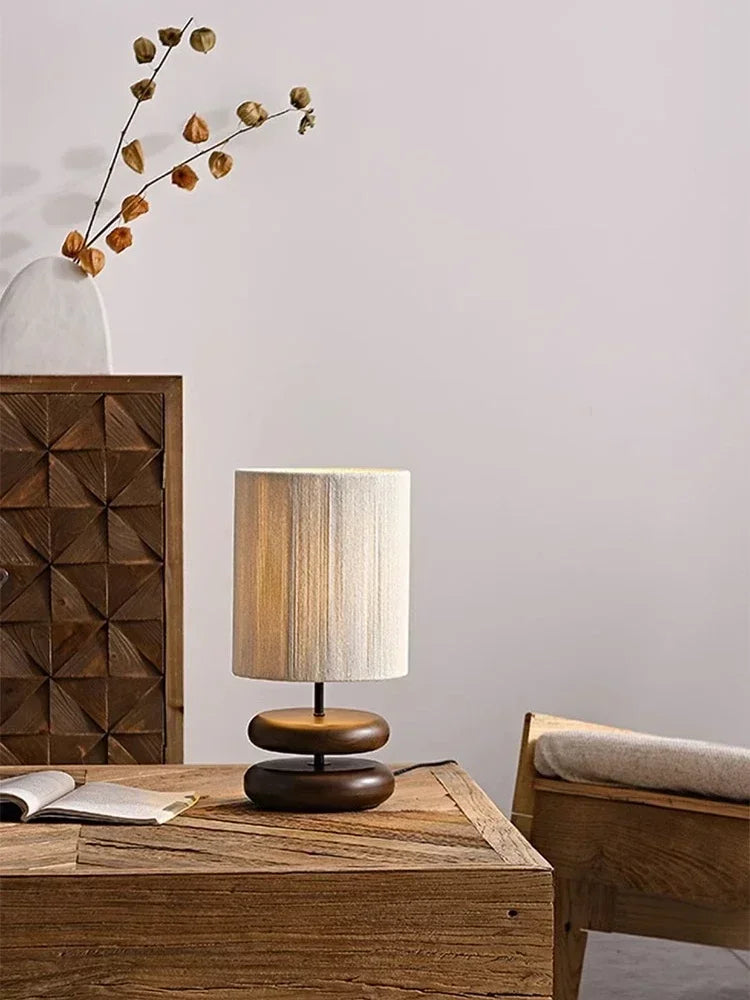 Fabric Shade Table Lamp with Wooden Stacked Base