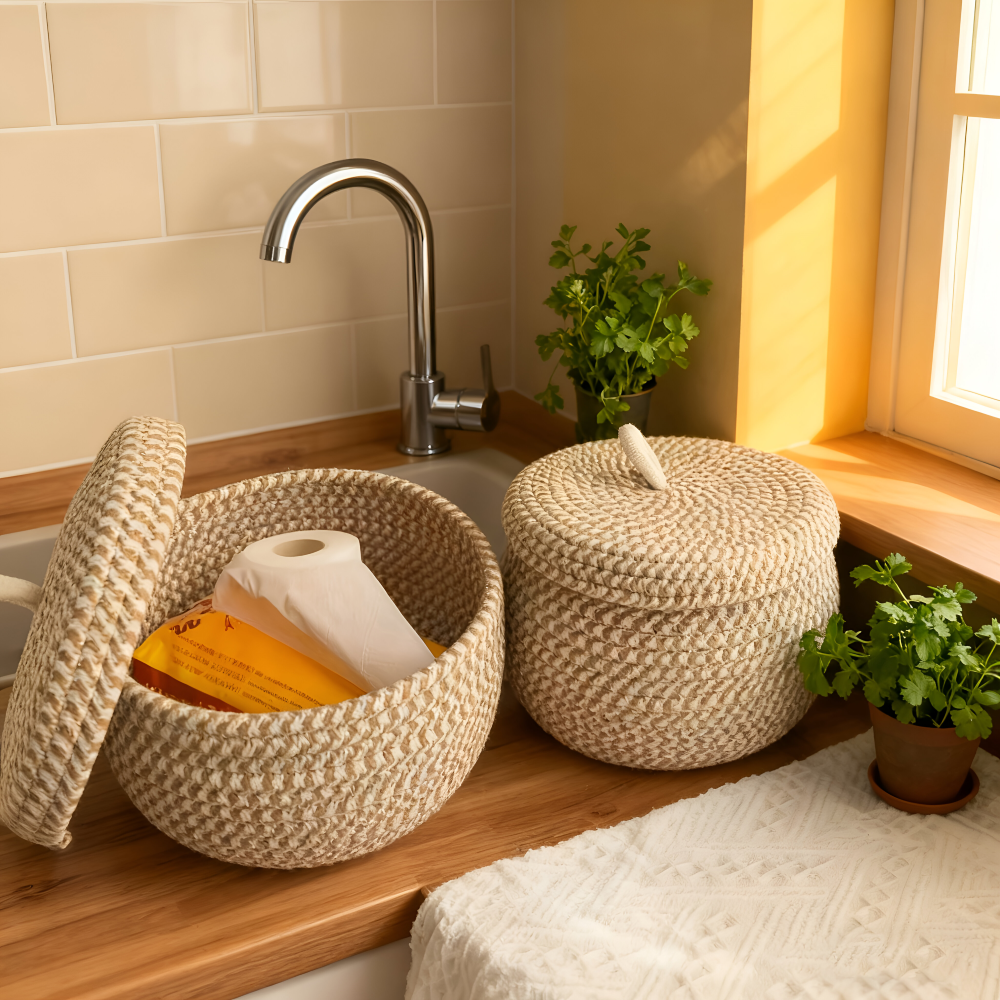 Chic Circular Storage Basket with Lid – Rustic Elegance
