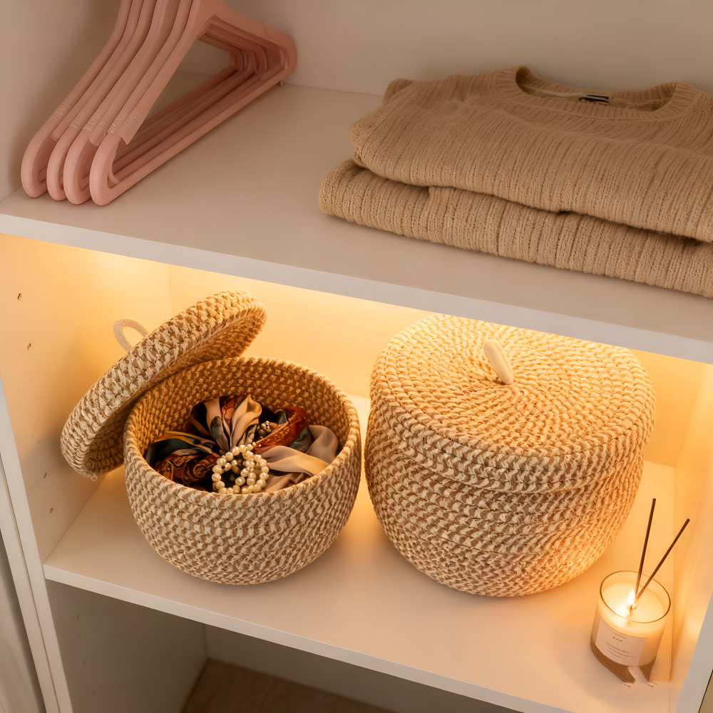 Chic Circular Storage Basket with Lid – Rustic Elegance