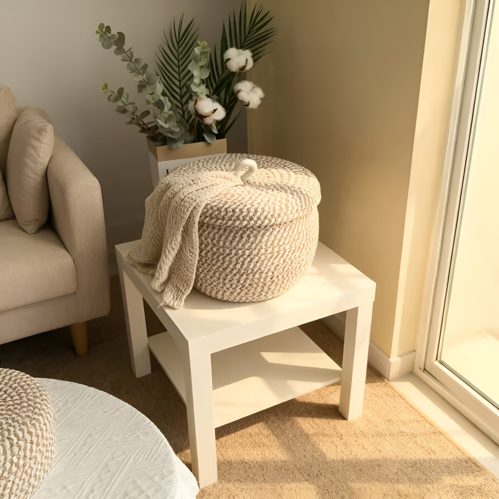 Chic Circular Storage Basket with Lid – Rustic Elegance