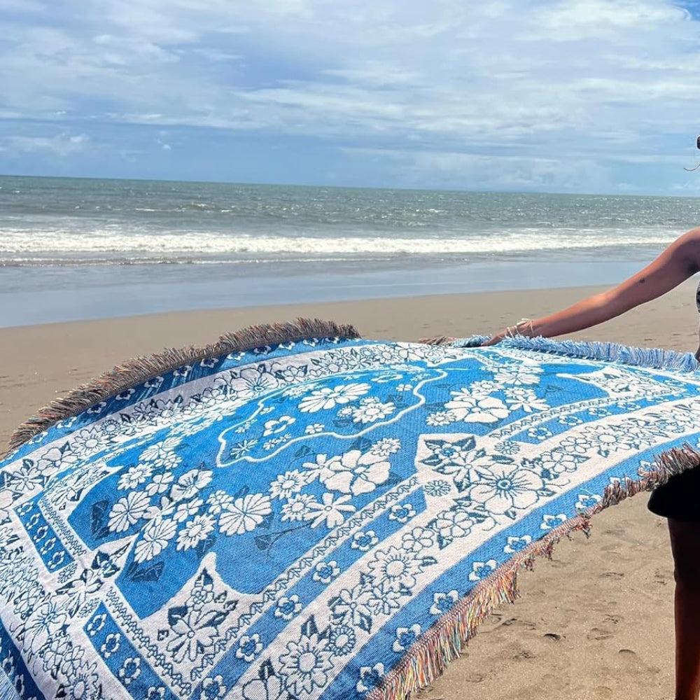 Travel Blanket in Boho Blue with Soft Microfiber for Outdoor Relaxation