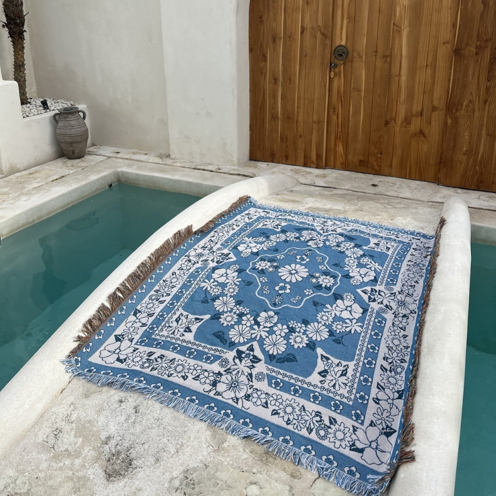 Travel Blanket in Boho Blue with Soft Microfiber for Outdoor Relaxation
