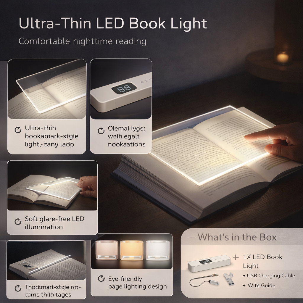 Portable LED Reading Lamp with Rechargeable Battery - Slim & Travel-Friendly