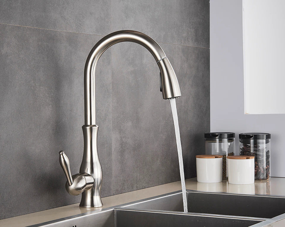 Retractable Pull-Out Kitchen Faucet | Brushed Nickel Finish | Single Lever Control | Durable Corrosion-Resistant Design