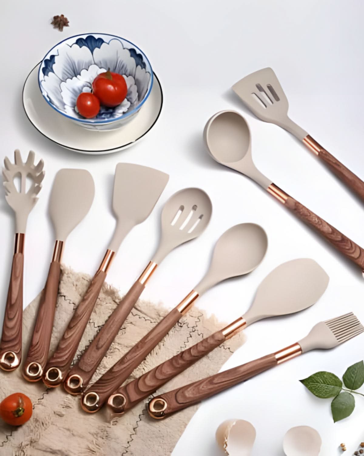Sophisticated Silicone Kitchen Tool Set with Wooden Handles