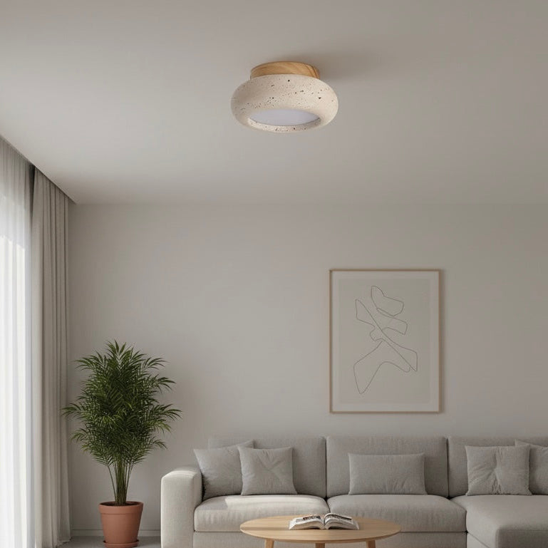 Flush Mount Ceiling Light with Wood and Travertine Design