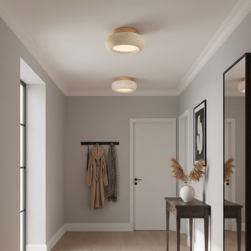 Flush Mount Ceiling Light with Wood and Travertine Design