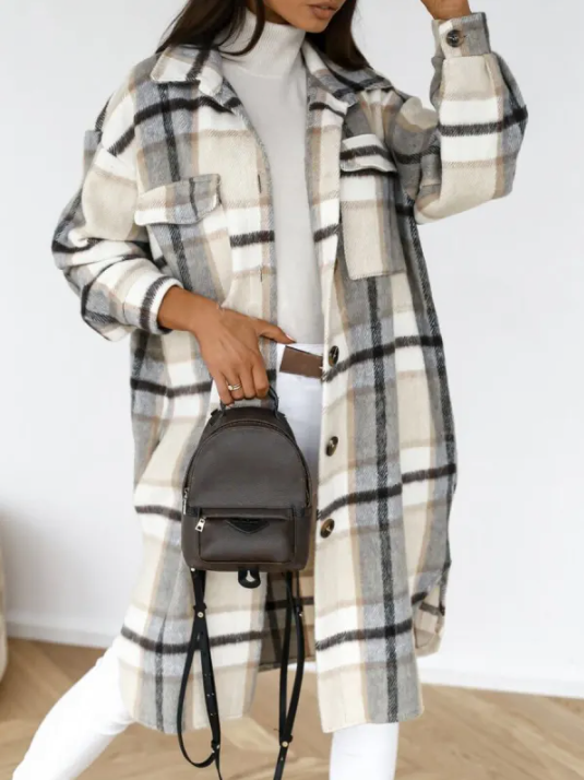 Longline Wool Coat | Front Button Closure & Oversized Fit | Cotton & Polyester | Mid-Thigh Length for Warmth