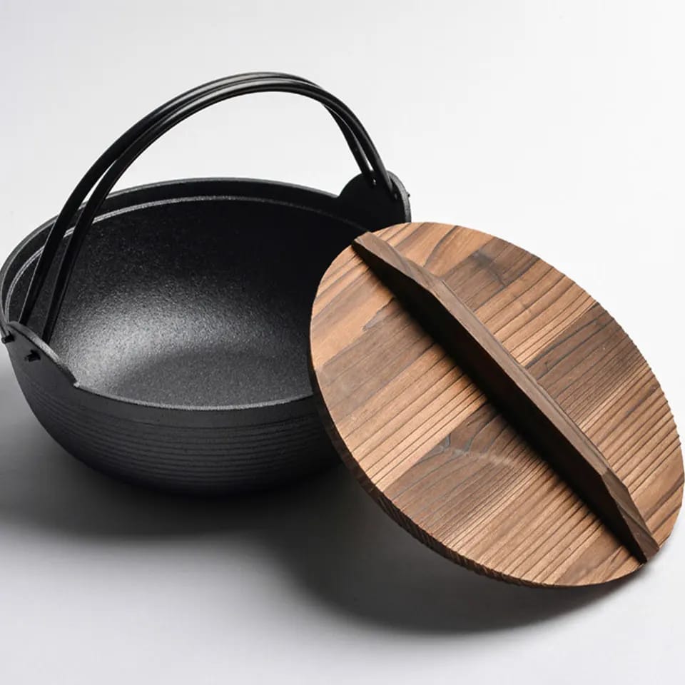 Flat-Bottomed Cast Iron Stir Fry Pan with Wooden Lid for Healthy Cooking