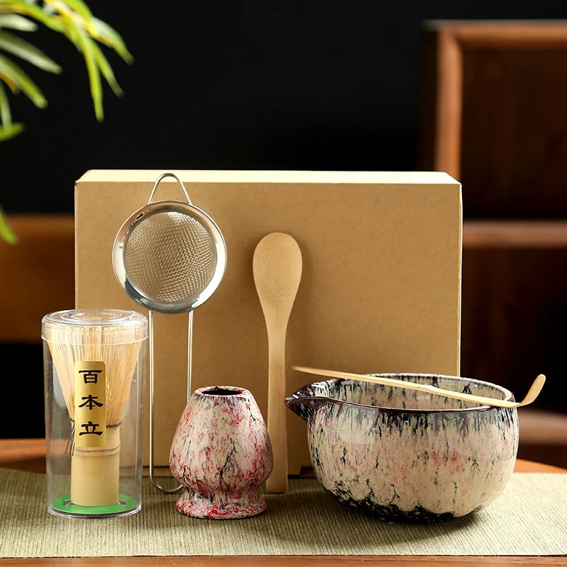 6-Piece Matcha Tea Set with Ceramic Bowls, Bamboo Whisk, and Strainer