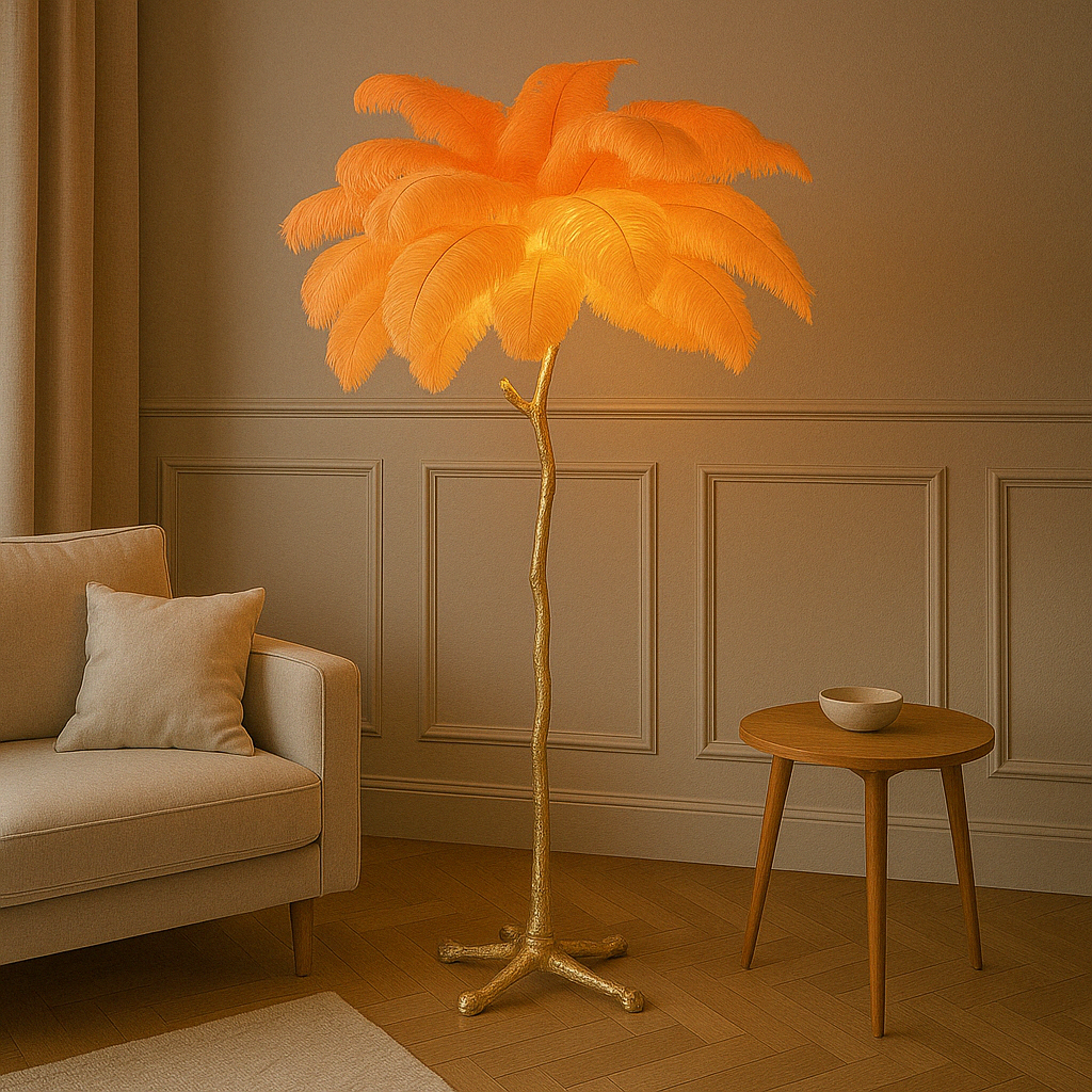Ostrich Feather Floor Lamp | Elegant Feather Shade | Resin & Brass Materials | Soft Ambient Lighting