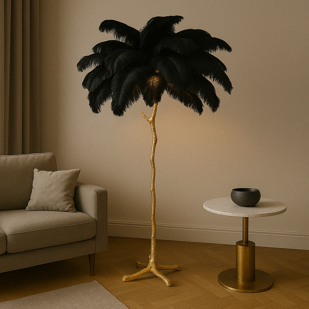 Ostrich Feather Floor Lamp | Elegant Feather Shade | Resin & Brass Materials | Soft Ambient Lighting