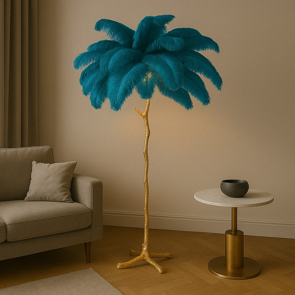 Ostrich Feather Floor Lamp | Elegant Feather Shade | Resin & Brass Materials | Soft Ambient Lighting