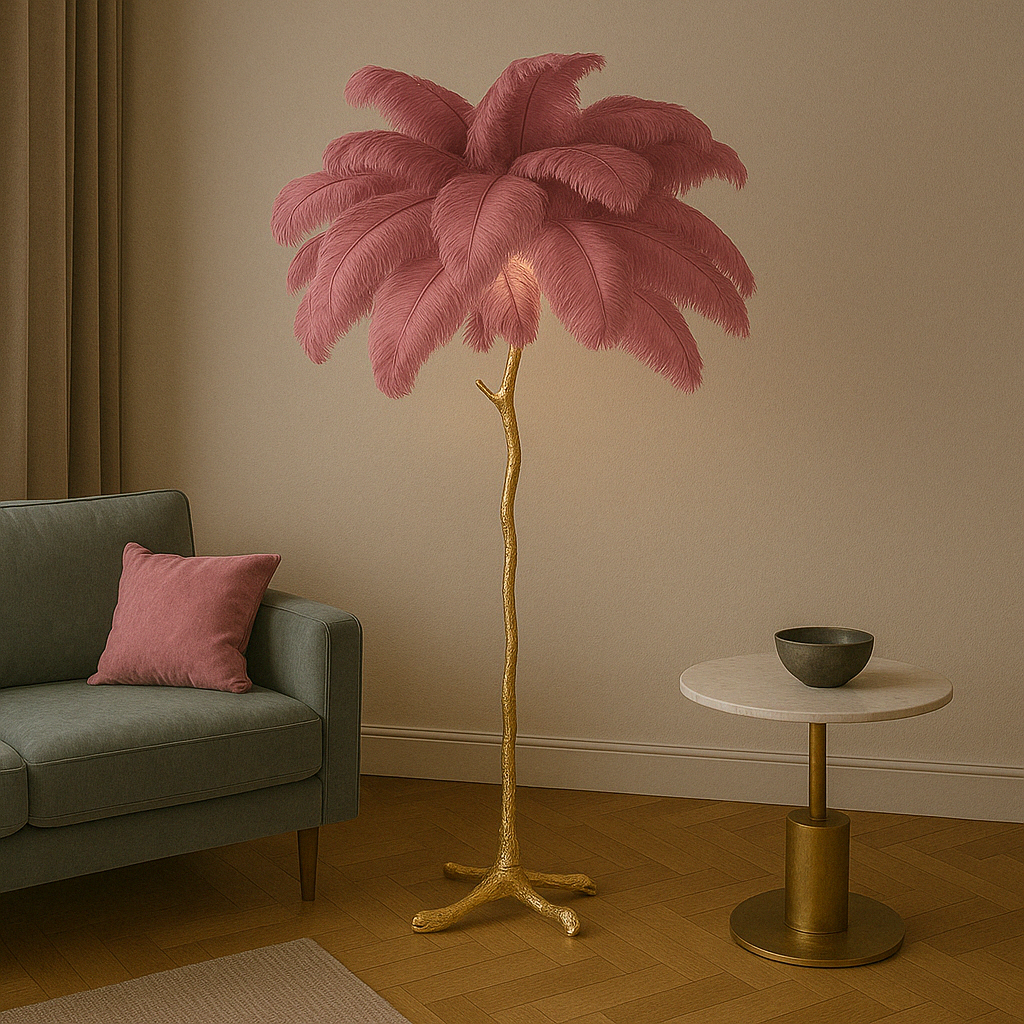 Ostrich Feather Floor Lamp | Elegant Feather Shade | Resin & Brass Materials | Soft Ambient Lighting