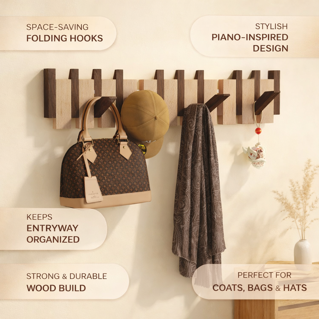 Smart Wooden Wall Organizer with Foldable Hooks for Entryways