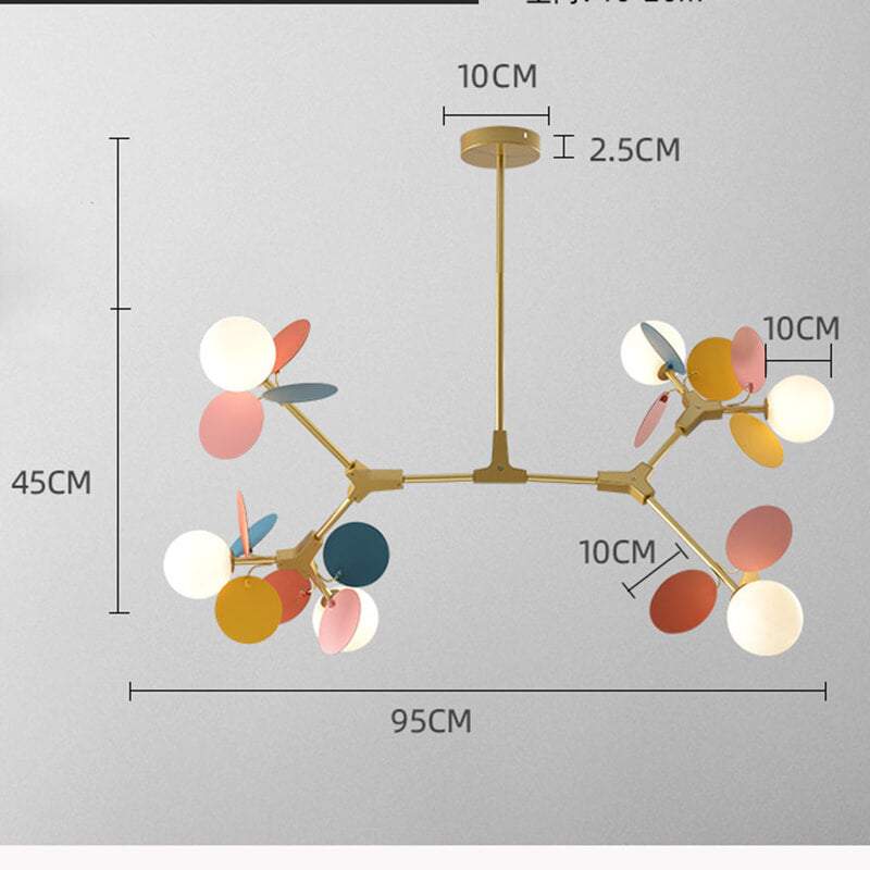 Colorful Branch Pendant Lamp with frosted glass globes and iron frame, adjustable cord for modern loft lighting.