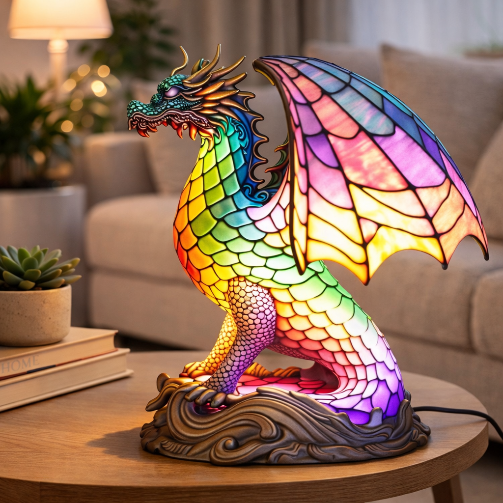 LED Table Lamp with Colorful Animal Design – Stained Glass Finish for Cozy Bedroom Lighting
