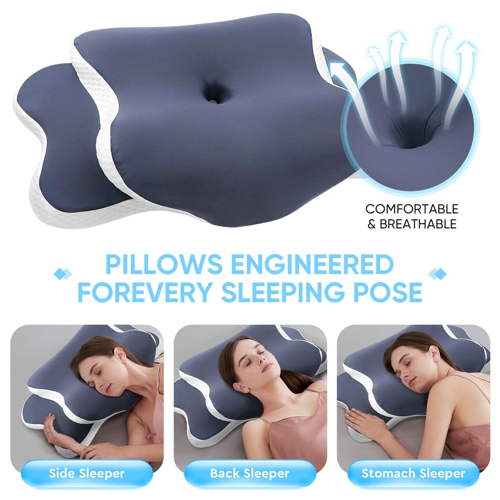 Ergonomic Contour Pillow for Neck Support | Memory Foam | All Sleep Styles | Breathable