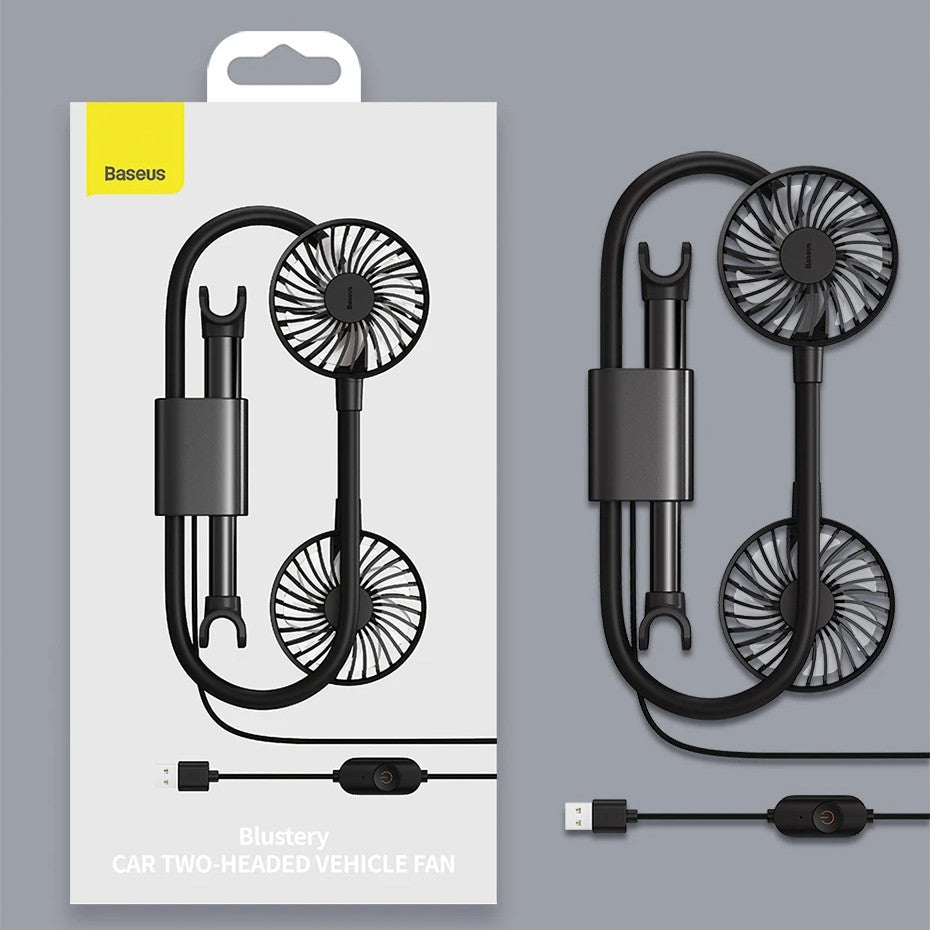 Dual-Head Portable Car Fan with 360° Rotation – USB Air Circulator