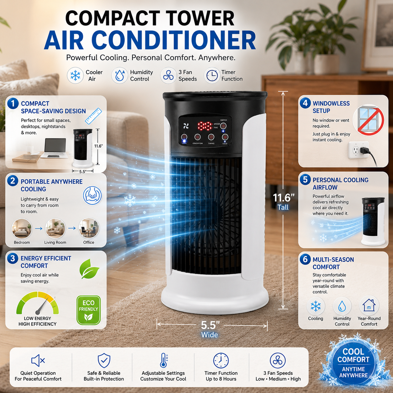 Portable Air Conditioner with Dehumidifier and Energy-Saving Features