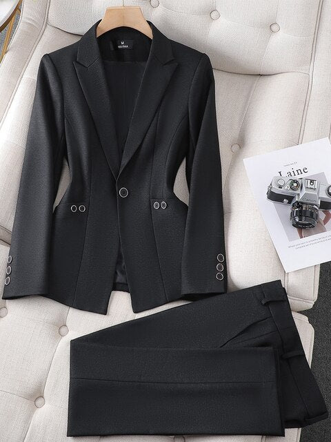 Women’s Blazer and Trousers Set | Tailored Slim Fit with Chapel Neckline | Acetate and Elastane | High-Waist Pockets