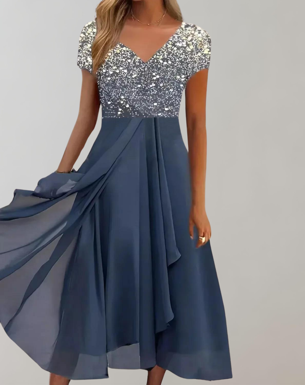 Women’s Evening Gown | Shiny Embellished Bodice & Flowing Chiffon Skirt | Multiple Colors