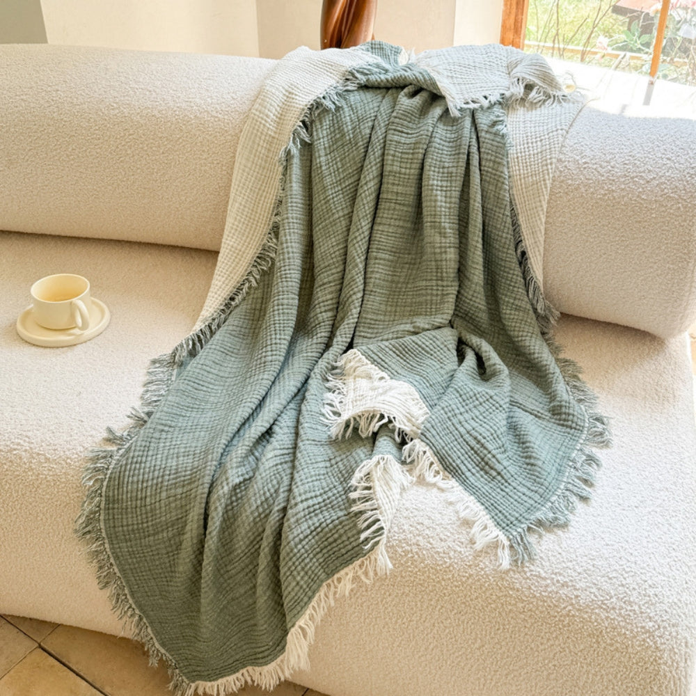 Lightweight Muslin Cotton Gauze Blanket with Fringed Edges for All Seasons