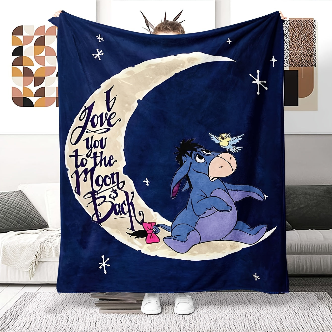 Fleece Throw Blanket with Geometric Eeyore Design | Year-Round Use for Home & Travel